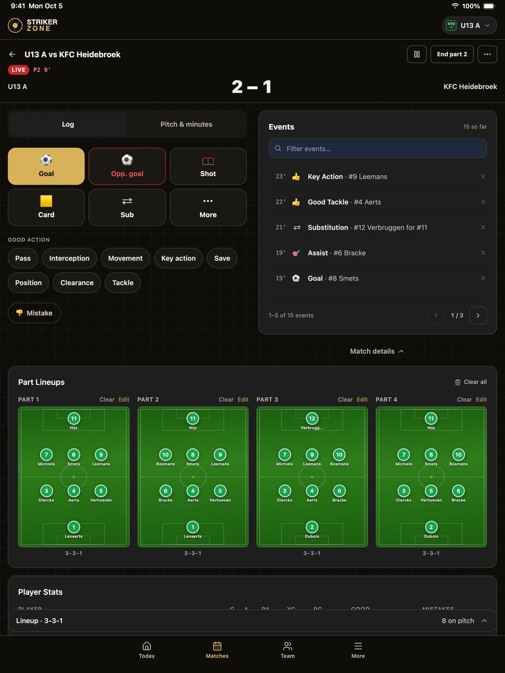 StrikerZone on iPad during a live match: U13 A 2–1 KFC Heidebroek in part 2, with one-tap logging buttons, the event list and a lineup for each part.