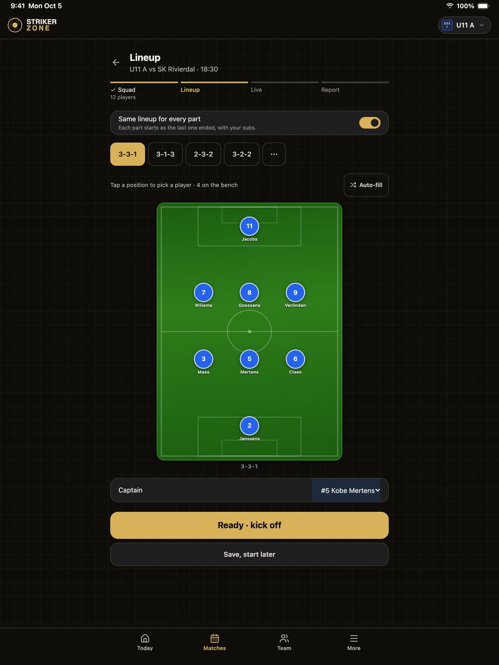 Lineup on iPad: a 3-3-1 formation, the Same lineup for every part switch, a captain picker and a gold Ready, kick off button.