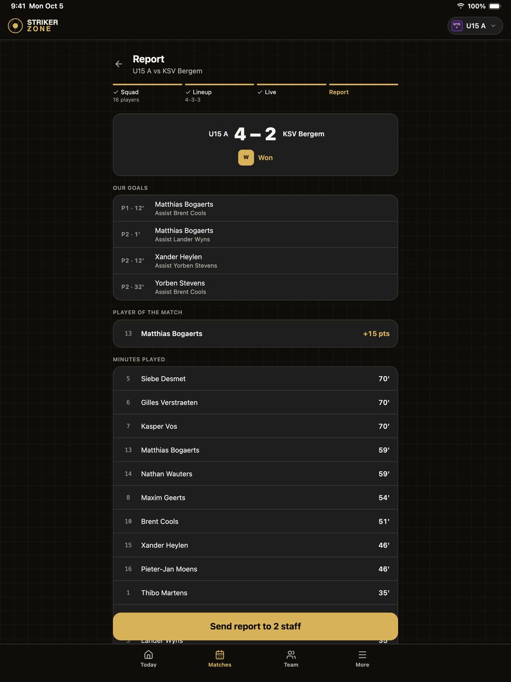Match report on iPad: U15 A 4–2 KSV Bergem with the goals, player of the match, minutes played per player and a Send report to 2 staff button.